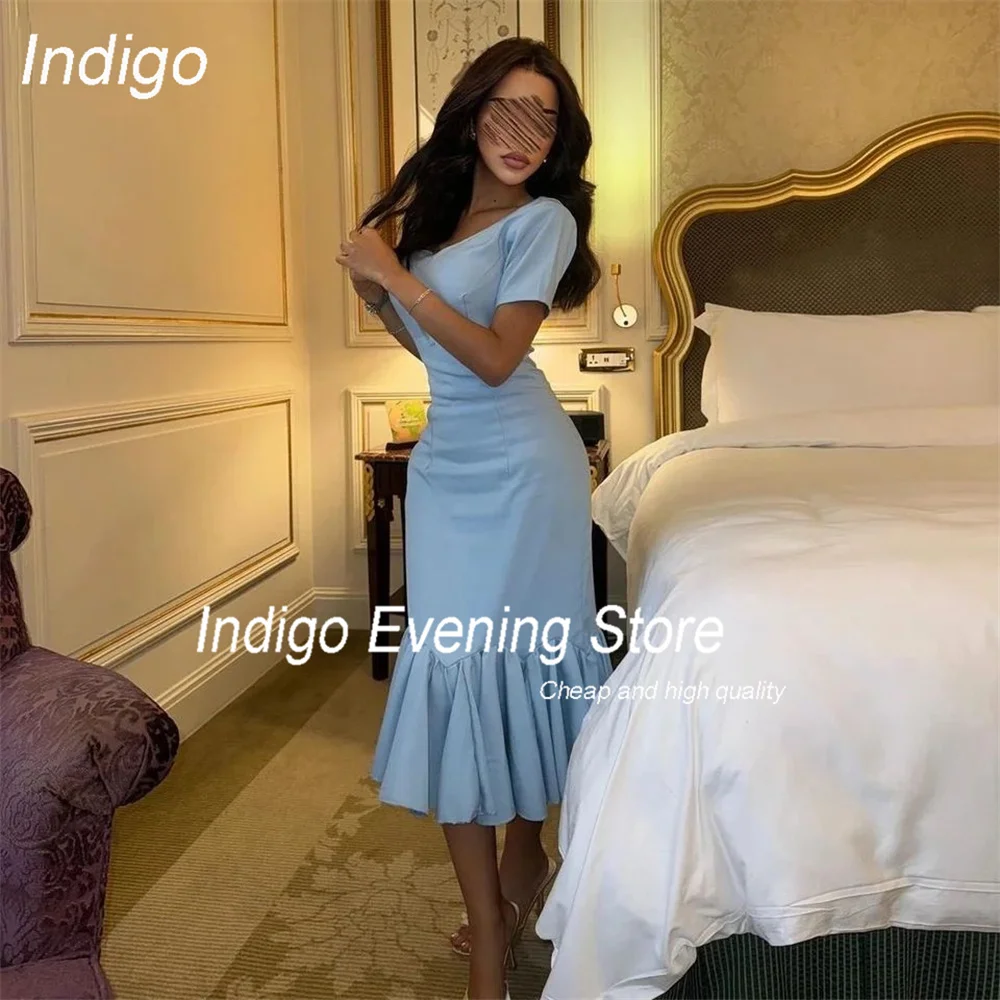 Indigo Elegant V-Neck Evening Dress 2025 Short Sleeves Pleat Tea-Length Mermaid Party Prom Gown Formal فساتين السهرة Customized