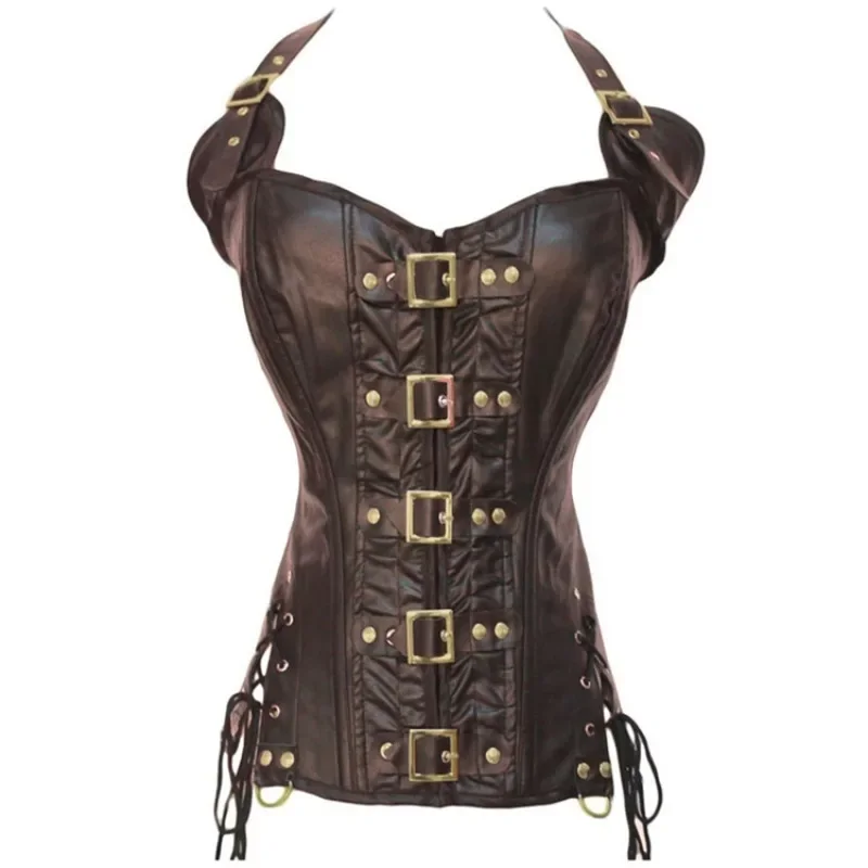 Women's Bustiers Corsets Leather Overbust Corset with Buckles Steel Boned Steampunk Gothic Bustier Waist Training Corselet Vest