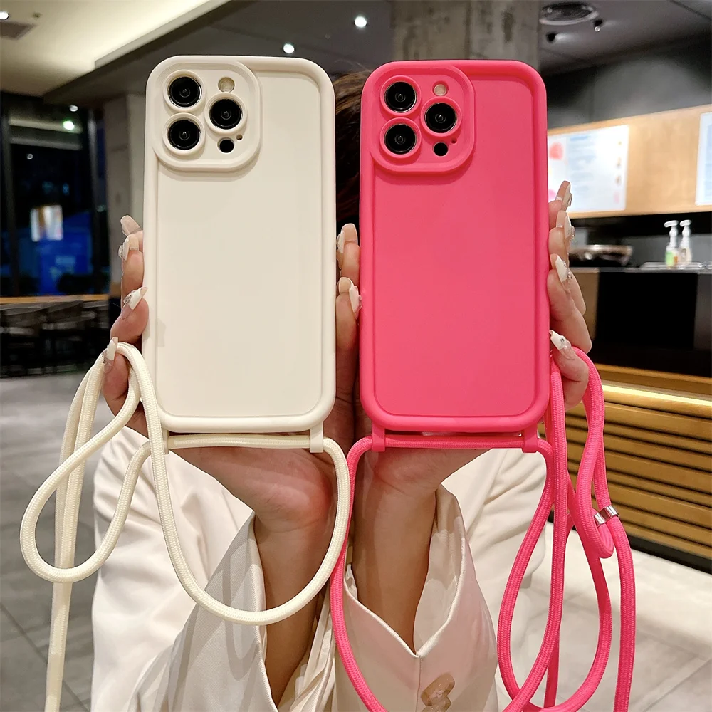 Etui na telefon iPhone 14 13 15 16 Pro Max 17 Air 16E 12 11 X XS 8 Plus SE2022 z regulowanym paskiem na szyję, miękka obudowa z sznurkiem.