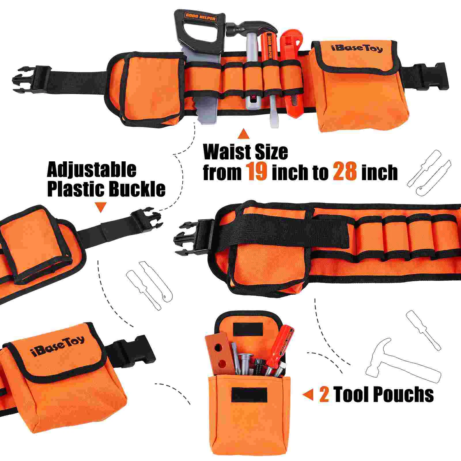 IBaseToy 어린이 도구 장난감, 어린이 역할 놀이 척 놀이 장난감 세트, 목수 도구 벨트 수리공 키트, 32 개/세트