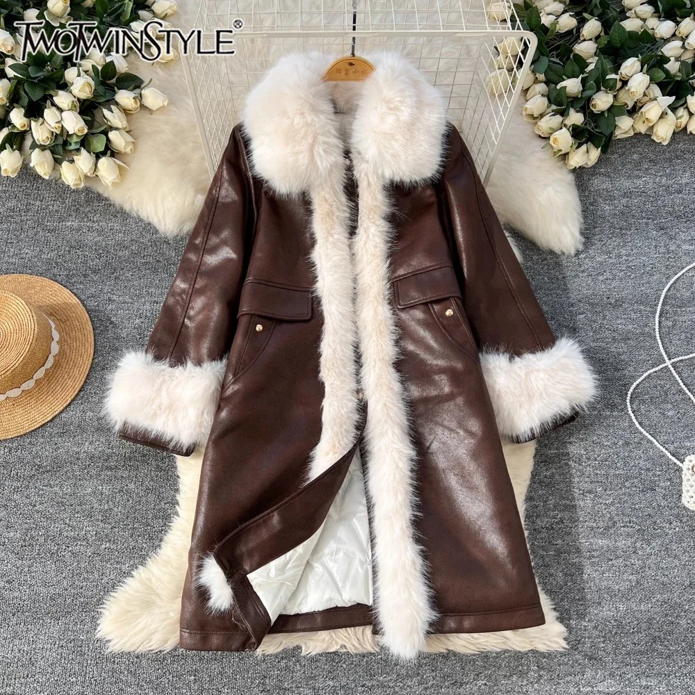 TWOTWINSTYLE PU Leather Chic Trench For Women Lapel Long Sleeve Spliced Pockets Feathers Fashion Coats Female Winter KJA523816