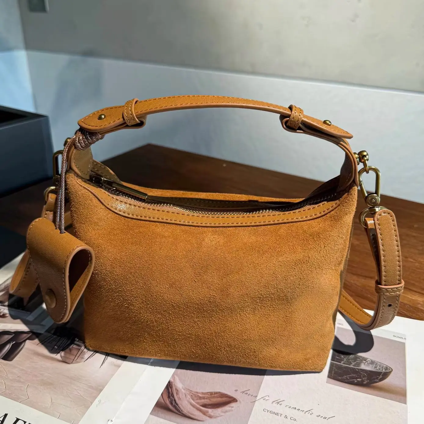 Women Vintage Suede Leather Hobo Shoulder Bag Luxury Designer Brand Retro Small Underarm Crossbody Purse Cowhide Casual Handbag