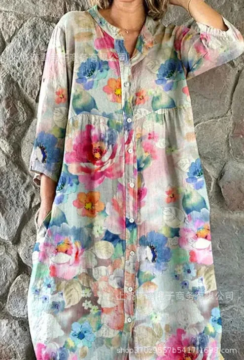 Abito con stampa retrò da donna bohemien allentato monopetto da donna abiti casual tascabili primavera estate abiti floreali a maniche lunghe