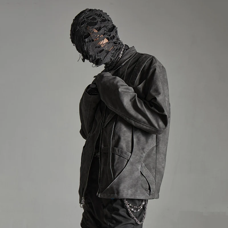 PFNW Male Jackets High Street Long Sleeve Fashion Retro Style PU Deconstructed Loose Zipper Avant-garde Darkwear Coat New 12C140