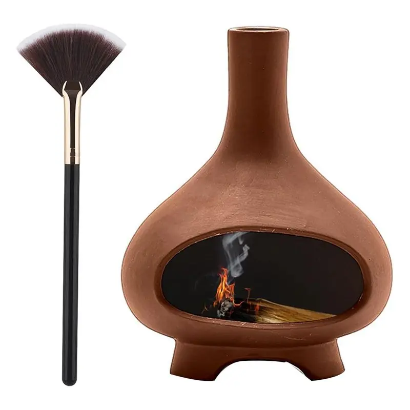 AT02-Incense Burner Handmade Ceramics Incense Burner Chimney Dish Smudge Bowl For Sticks Sage With Brush