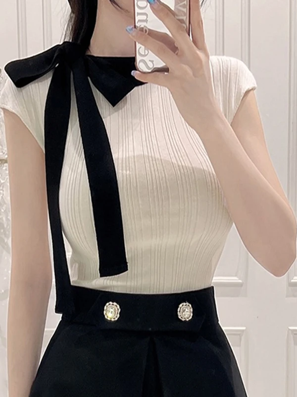 

Sexy Slim Fit Knitted Top with Belt Design Ele Women's Faion Versatile Comfortable Breathable Casual Summer Wear