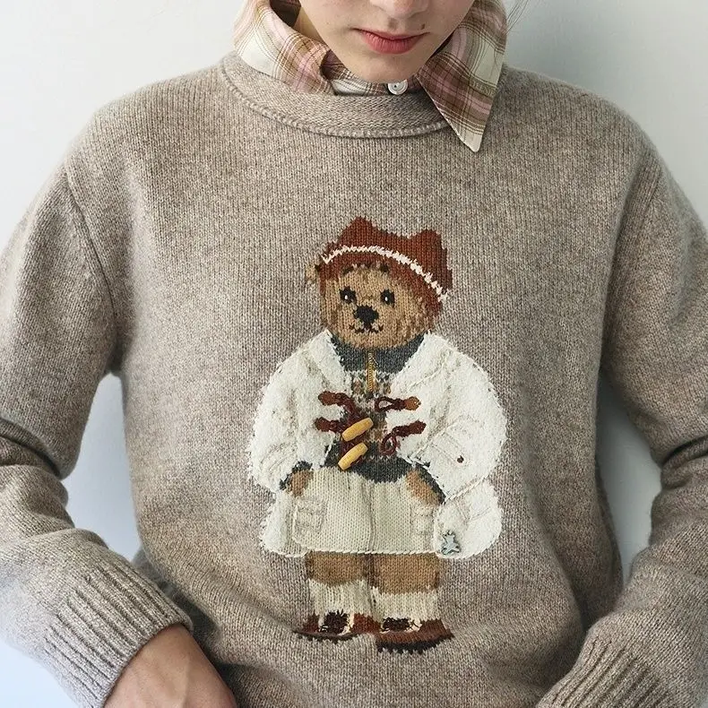 Oatmeal Crew Neck Knit Sweater Cute Cartoon Bear Embroidery Long Sleeve Preppy Style Casual Pullover Autumn Winter Jumper