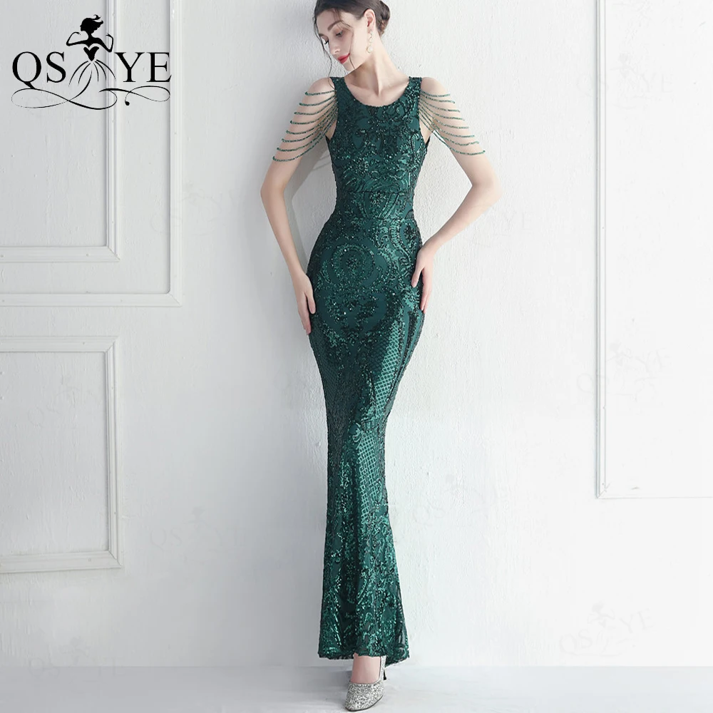 

Emerald Green Sequin Prom Dresses Beading Sleeves Pattern Lace Long Evening Gown Open Low Back Mermaid Women Party Gown