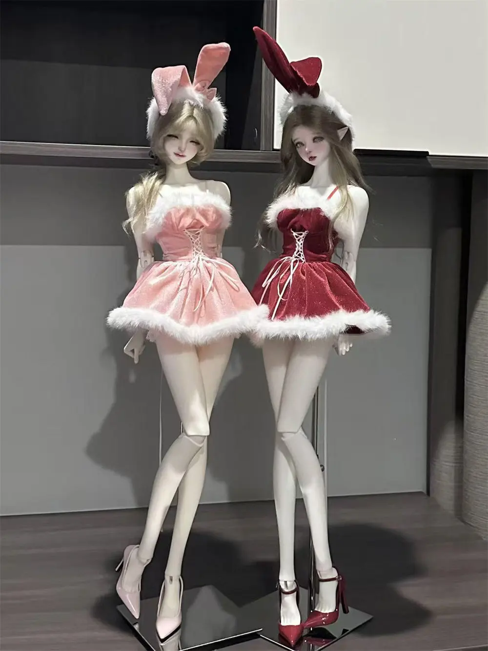 Pink Red Dress BJD Doll Clothes 1/3 Doll Outfit Miss Rabbit Pink Red Twin Set Soft Fluffy Skirt Toys Doll Accessories