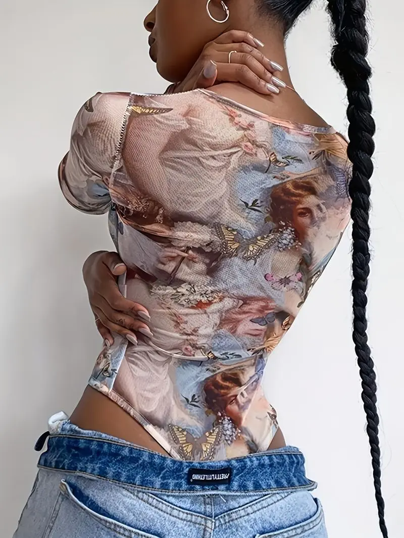 European and American women's autumn and winter temperament top butterfly print round neck long sleeved jumpsuit