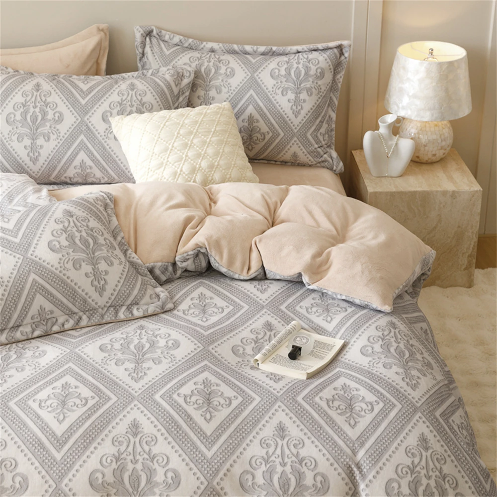 Thickened Milk Fleece Bedding Set Winter Warm Double-Sided Coral Velvet Four-Piece Sets Duvet Cover Light Luxury Quilt Cover Set