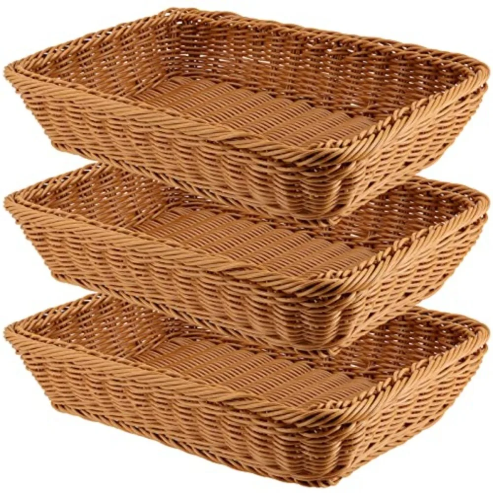 

3pcs 14 Inch Poly Wicker Bread Baskets Handmade Rattan Woven Pantry Organizer Tabletop Food Serving Baskets Rec Storage Basket