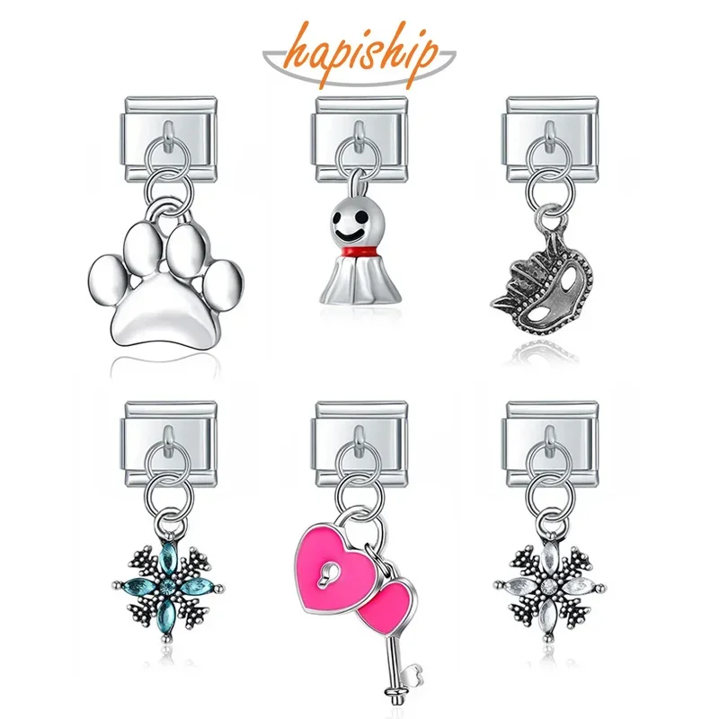 Hapiship Original Daisy Pink Heart Key Flower Mask Italian Links Charm Fit 9mm Bracelet Stainless Steel Jewelry Making DJ087