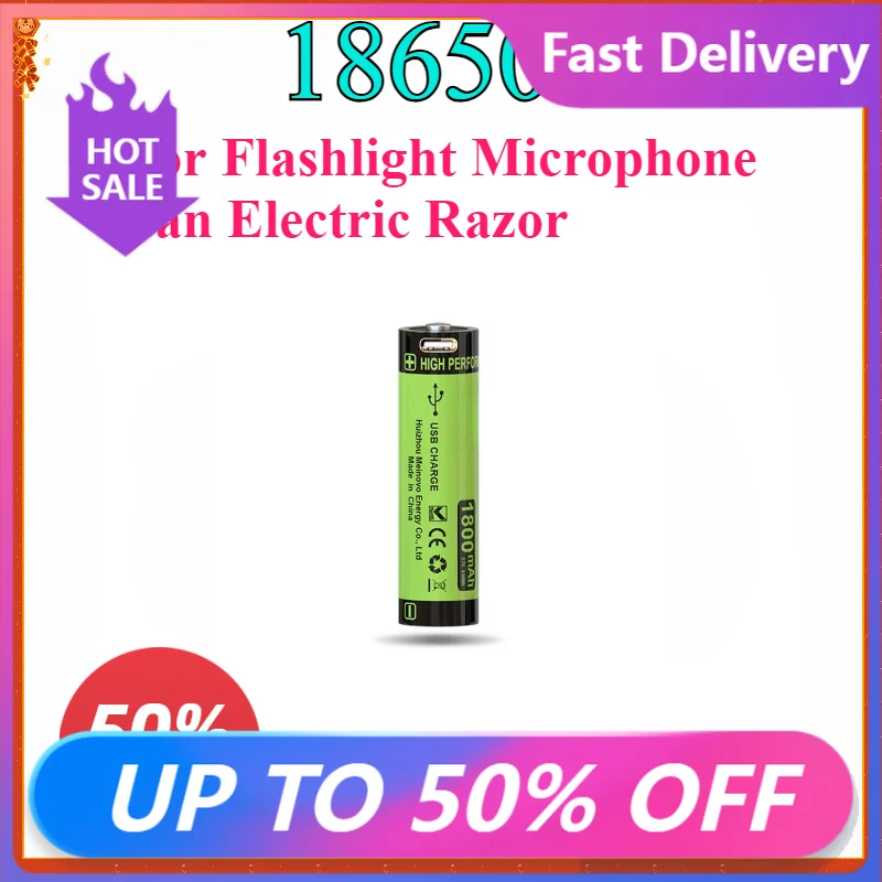 

New 18650 Battery with 3.7V 1800mAh USB Type-C Rechargeable Li-ion Battery for Flashlight Microphone Fan Electric Razor