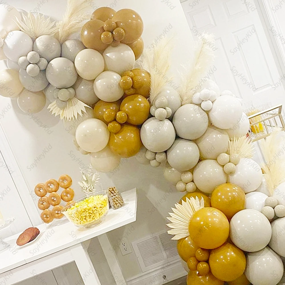 105pcs Mustard Yellow Balloons Garland Arch Kit Sand White Retro Balloon for Wedding Birthday Baby Shower Party Decorations