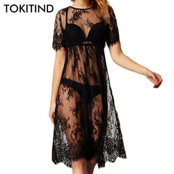 TOKITIND Summer Women Sexy Swimsuit Lace Crochet Bikini Cover Up Swimwear Beach Dress Pareo Beach Tunic Cover Ups Capes Dress