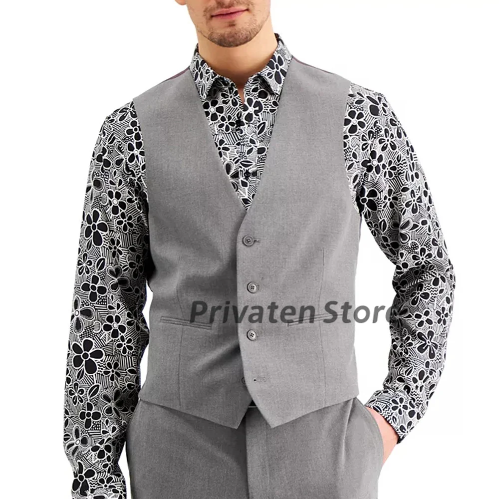 Men's Suit Vest Grey Single Breasted V-neck  Three Button Wide Shoulder Strap Wedding  Formal Dress chalecos para hombre