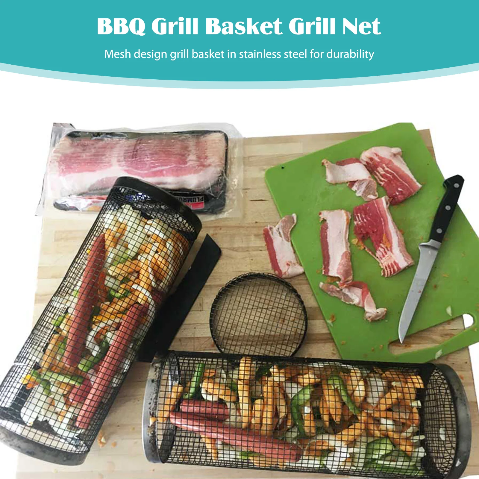 Stainless Steel Barbecue Cooking Grill Grate Outdoor Camping BBQ Drum Rolling Grilling Basket Campfire Grid Picnic Grill Basket