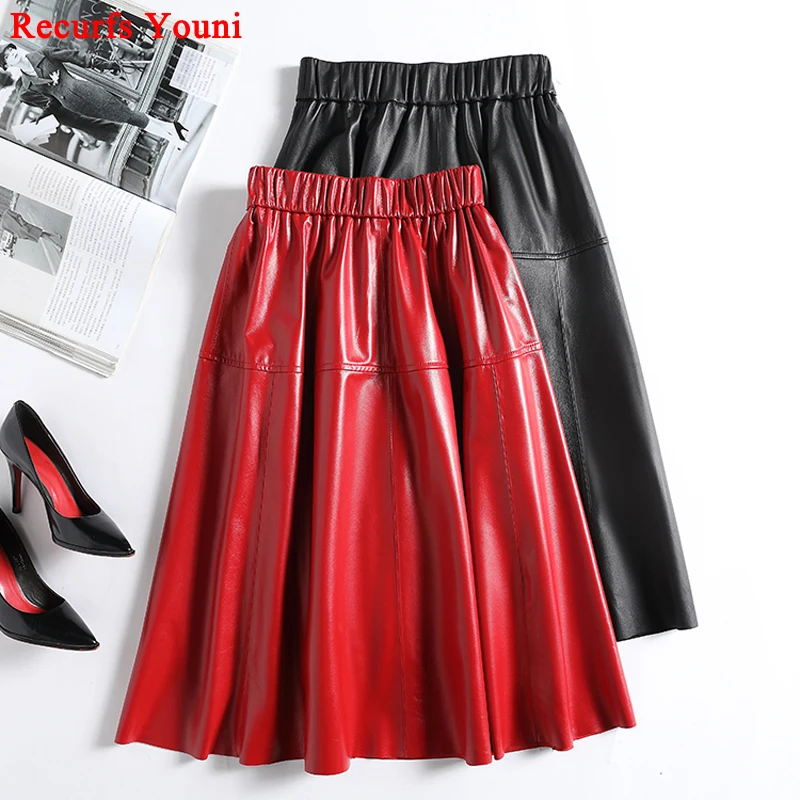 Leather Clothes For Women Female 100% Sheepskin Elastic Waist A-line Jupe Mujer Attractive Red White Pleated Mid-length Dress