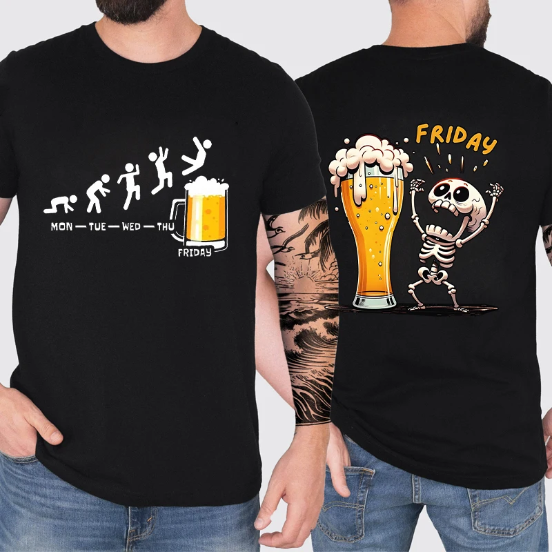 Funny Men's T Shirt Skeleton Enjoying FRIDAY Beer Day T-Shirt Finally Friday for Drink Lover Male Fashion Short Sleeve Tees