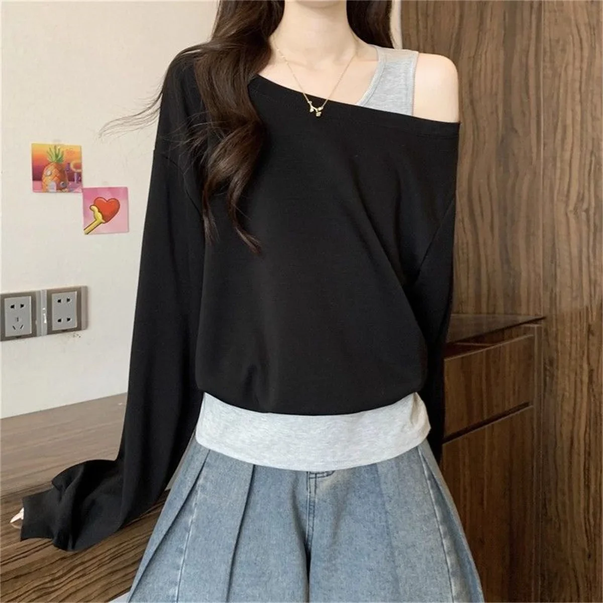 Neuer koreanischer Stil, langärmeliges, schulterfreies Charme-Sweatshirt für Damen, Übergröße, einzigartiges Design, vielseitiges Herbstmode-Oberteil – Detail 11