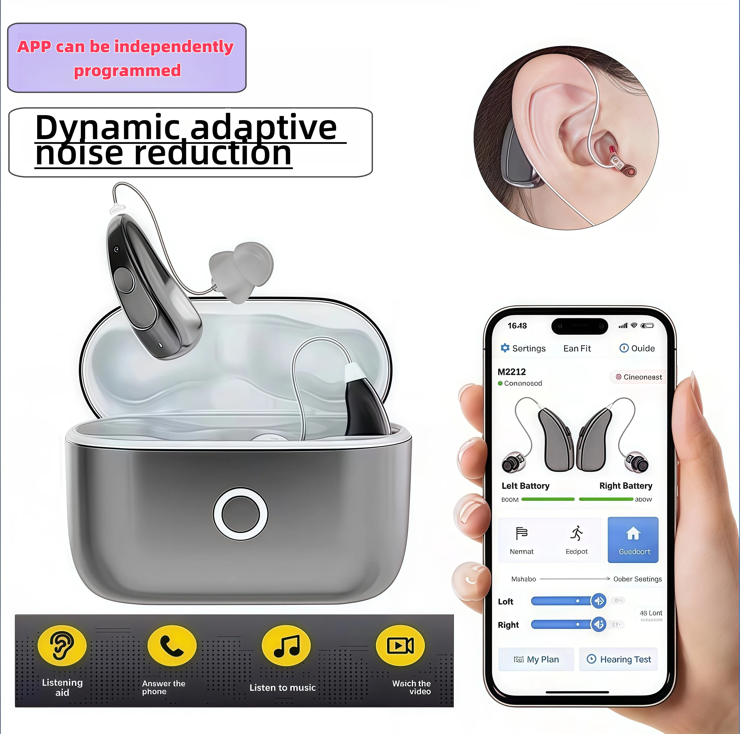Слуховой аппарат высокого класса с шумоподавлением Bluetooth. Управление через приложение. Программируемые слуховые аппараты, подходящие для всех пациентов по потерям слуха.