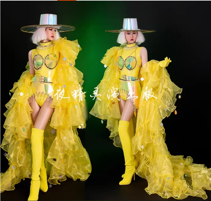 

Nightclub, Bar, Party, Modern Dance Outfit, Yellow Coat, Shawl, Patent Leather Performance Set