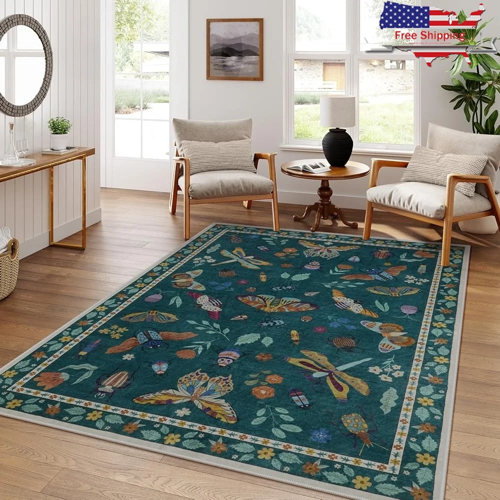 

Modern Insect Print Area Rug 5x7 Ultra Thin Washable Non Slip Soft Carpet Kids Pets Friendly Living Room Bedroom