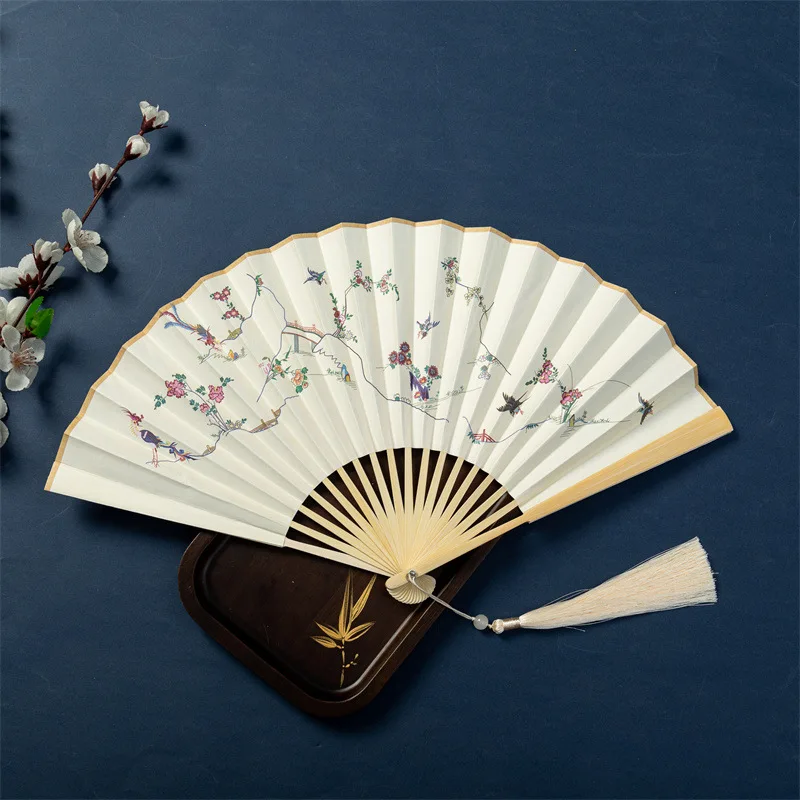 Imitation Kong Fu Flower And Bird Skirt Pattern Folded Fan Xuan Paper Double Sided Printing Jade Bamboo Fan Wind Male And Female