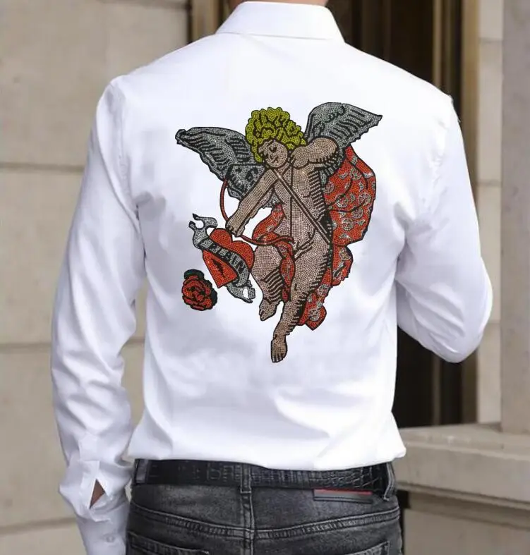 

Men's Fashion Rhinestone Anime Graphic Long Sleeve Striped Fit Shirts Casual Tops Blouse Hot drill camisa