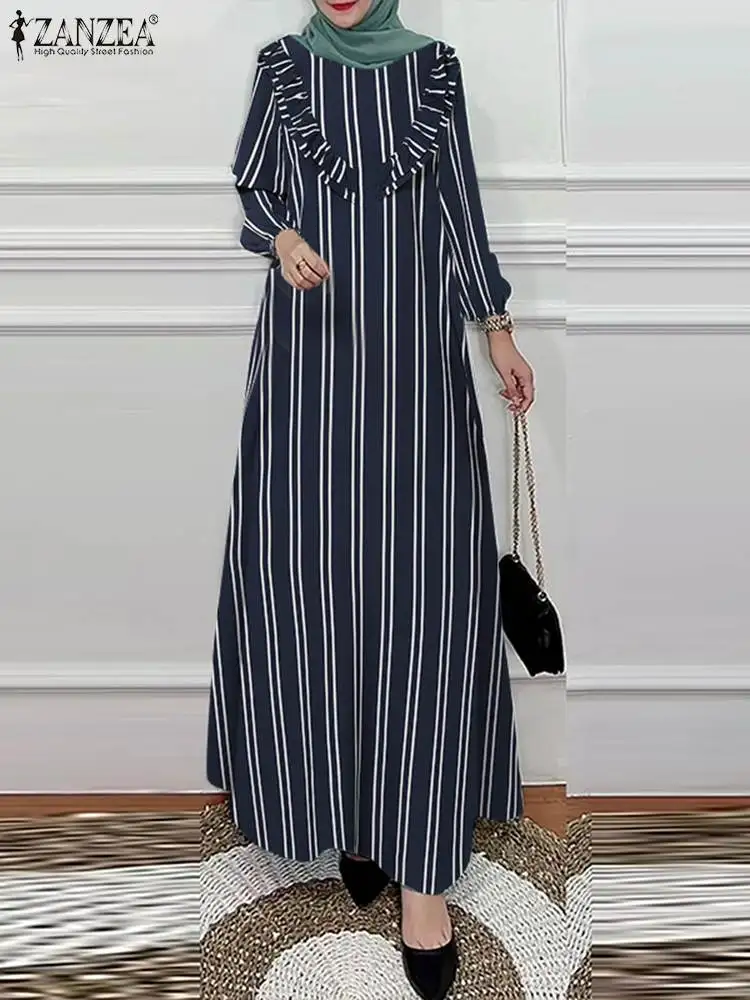 2024 ZANZEA Fashion Women Spring Vintage Abaya Dubai Turkey Vestido Ruffles Sundress Long Sleeve Striped Muslim Dress Robe Femme