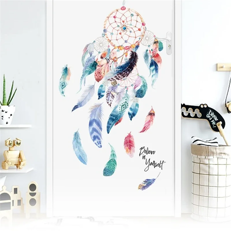 Large Dreamcatcher Feathers Wall Sticker Believe In Yourself for Bedroom Decal Girl Room Decoration Ins Door Stickers  50*70cm