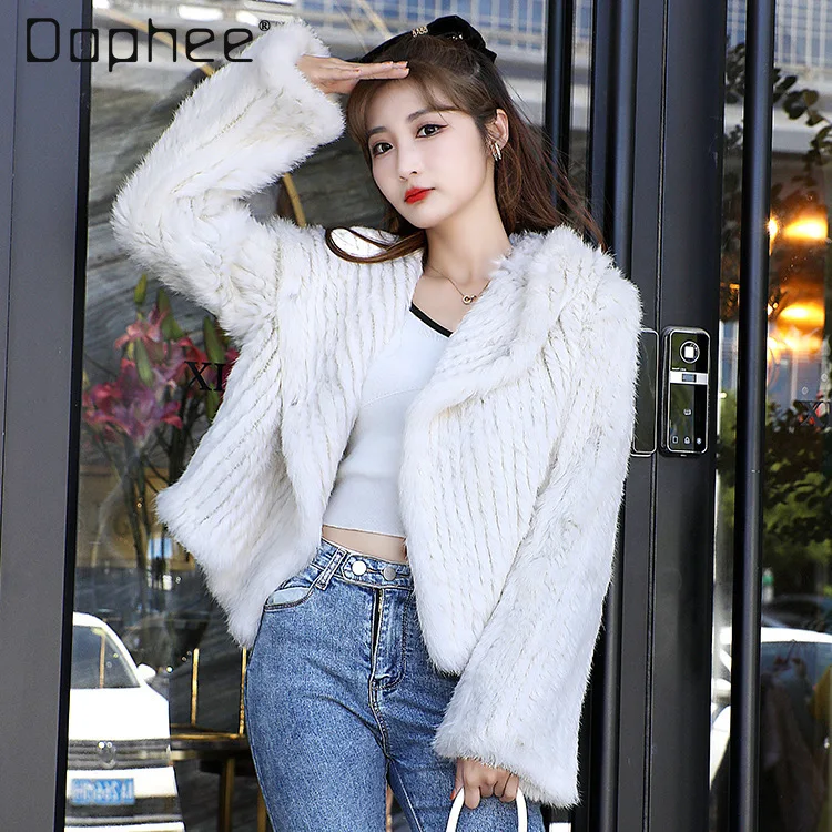 

Fashion Real Rabbit Fur Woven Coat for Women High-End Solid Color Versatile Trendy Large Lapel Short Fur Coat Hooded Plush Coat