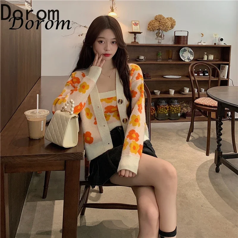 Flower Print Cropped Cardigan Women Korean Fashion Casual Blue Sweater Single-Breasted Long Sleeven Tops + Knit Vest 2 Pcs Set