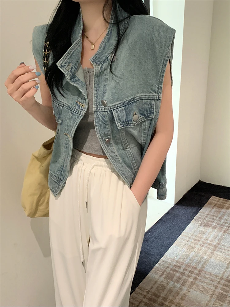 

Vintage Stand Collar Loose Casual Sleeveless Women Denim Waistcoat Summer Versatile Button Pockets Patchwork Solid Color Vest