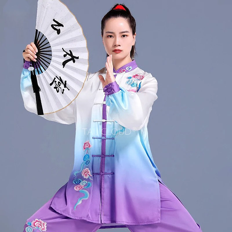 Gradient Tai Chi Uniform Set Embroidered Flowing Martial Arts Outfit for Training, Performance Competition (Breathable Kung Fu )