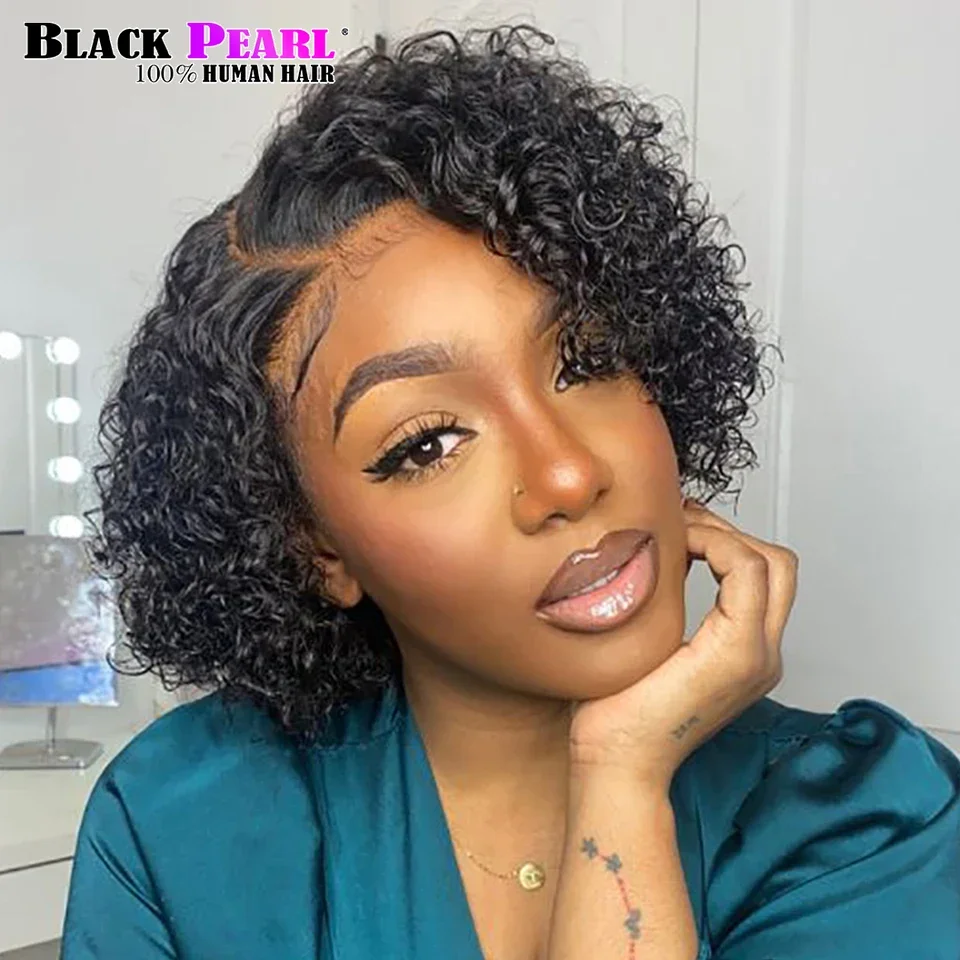 Black Pearl Short Bob Wig Pixie Cut Curly Human Hair Wigs For Women Lace Front Part Transparent Remy Lace Wig Preplucked