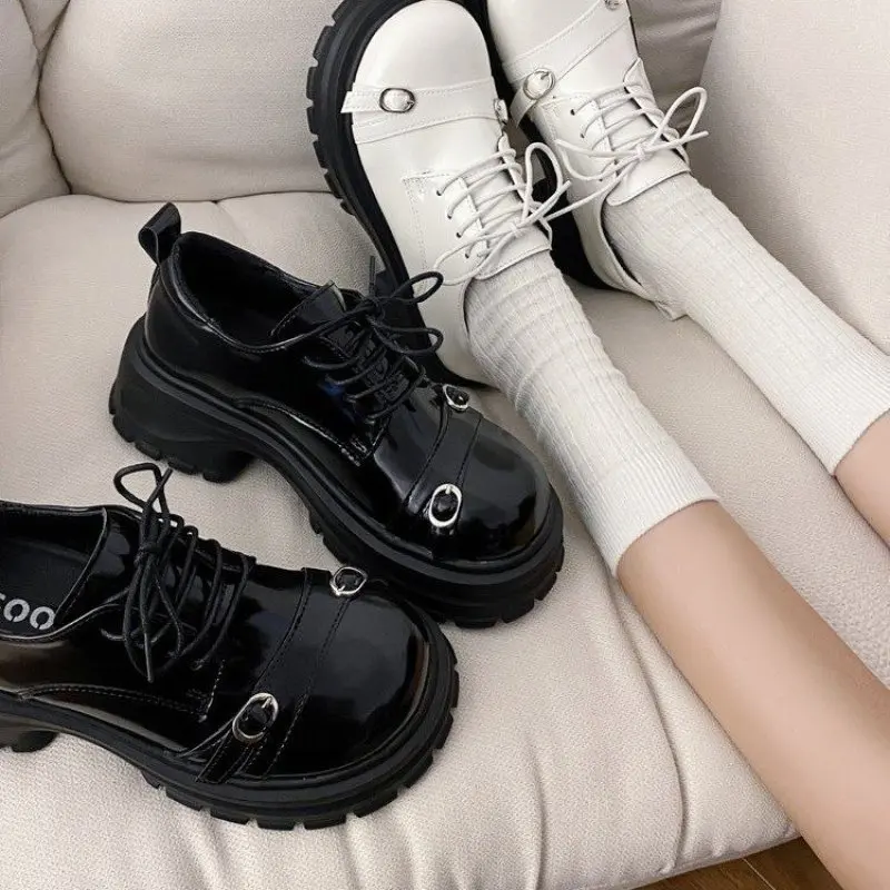 2024 NEW LeShion of Plus Size 35- 39 Women Designer Chunky Heels Shoes Thick Platform Buckle Lace-up Goth Flat Shoes Ladies Chic