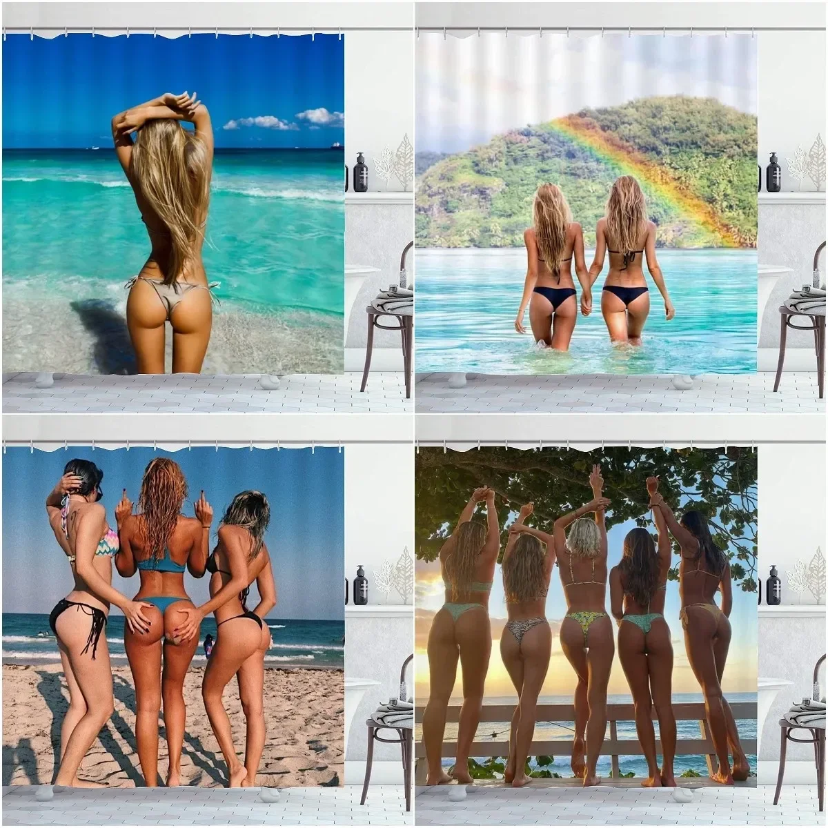 Shower Curtains Beautiful Women Sexy Ass Nude Busty Bikini Girls on The Beach Bath Curtain Polyester Fabric Bathroom Decor Set