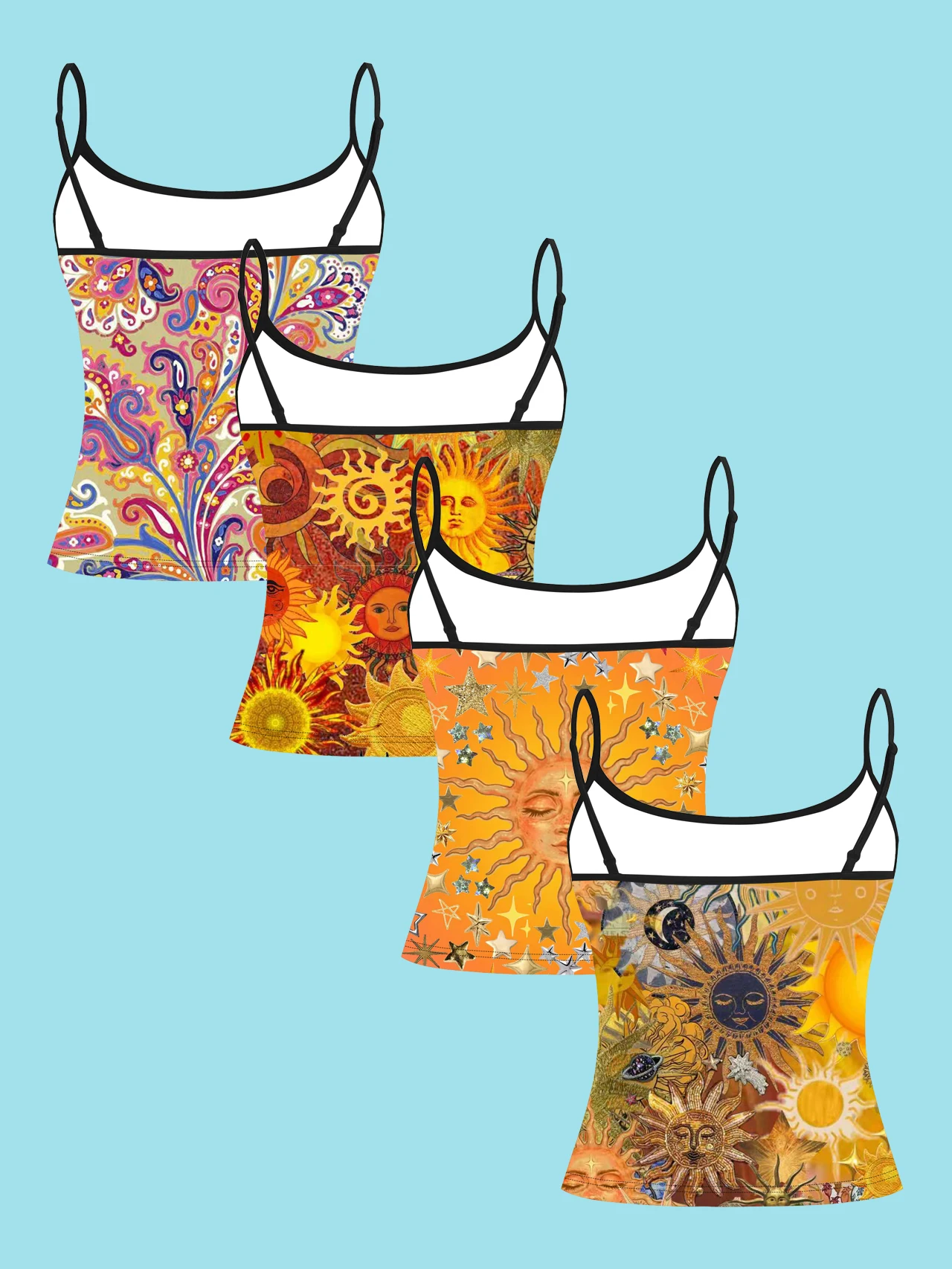 4-Piece Set of Women's Spaghetti Strap Camisoles, Vintage Sun Face and Star Paisley Pattern All-Over Print Slim Fit Sleeveless Tops, Bohemian Hippie Style Outerwear and Innerwear Base Layer Shirts