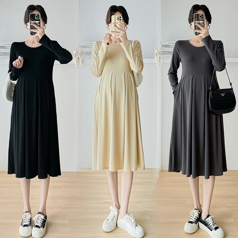 

Korean Style Autumn Maternity Cotton Dress Solid Color Long Sleeve O-Neck Pregnant Woman Knit Dress Plus Size Pregnancy Clothes