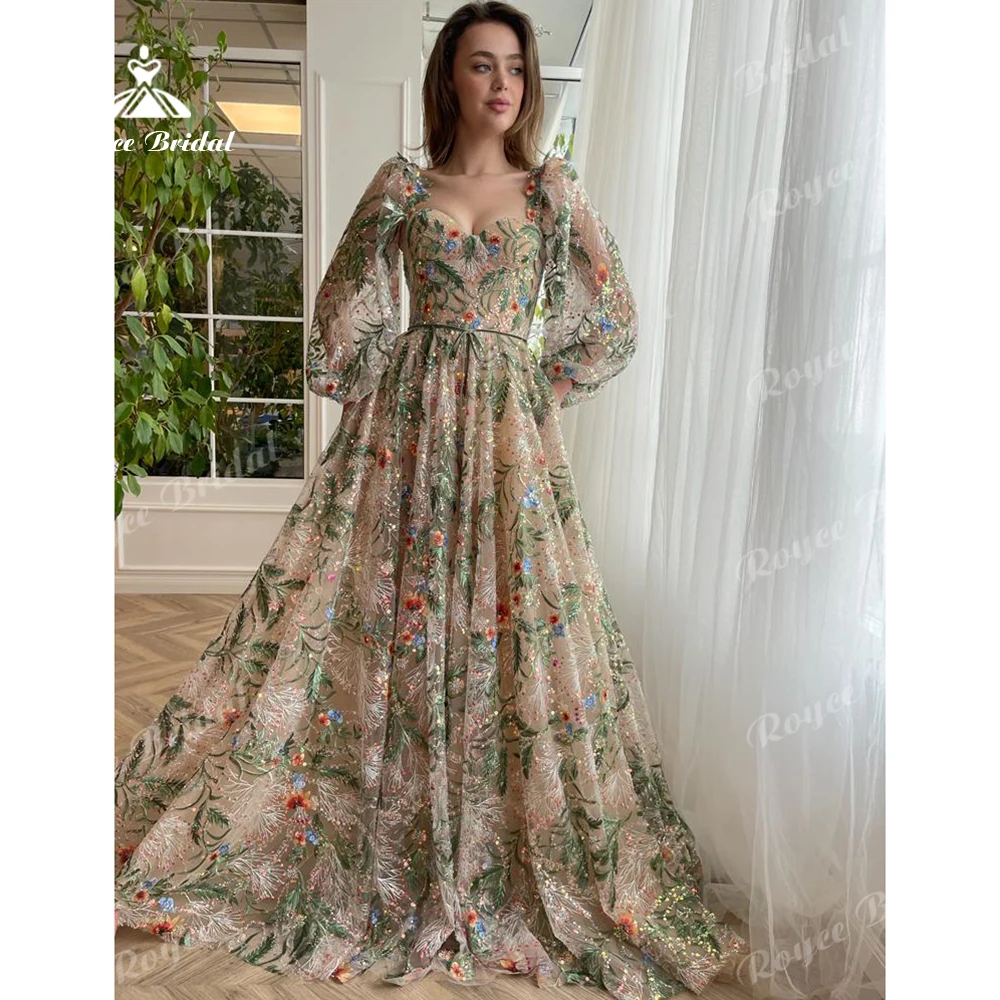 

Colorful Floral Sequin Tulle Prom Dress Sweetheart Evening Dress Puff Long Sleeve A‑Line Women's formal evening gowns Customized