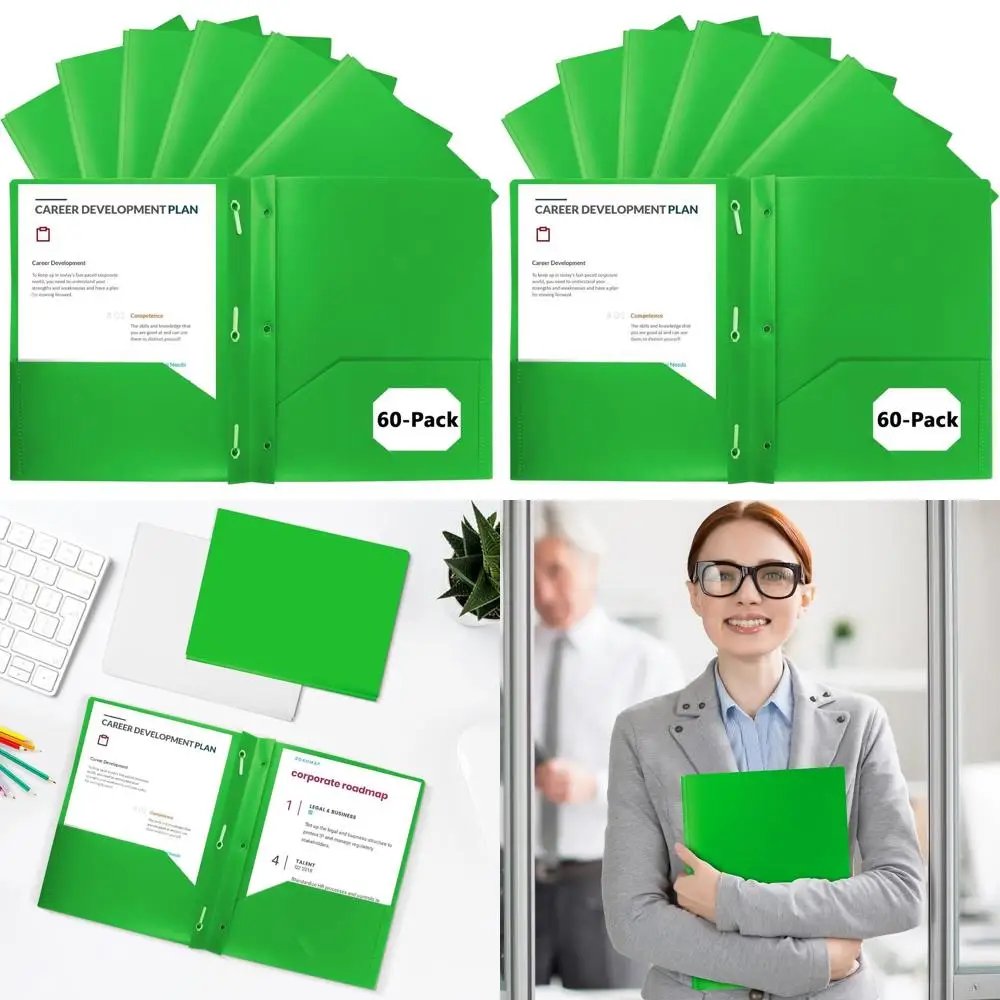 

Plastic 60-Pack Folders with Pockets and Fasteners, 2-Pocket, 8.5x11, Green, Ideal for School, Office, Home Use