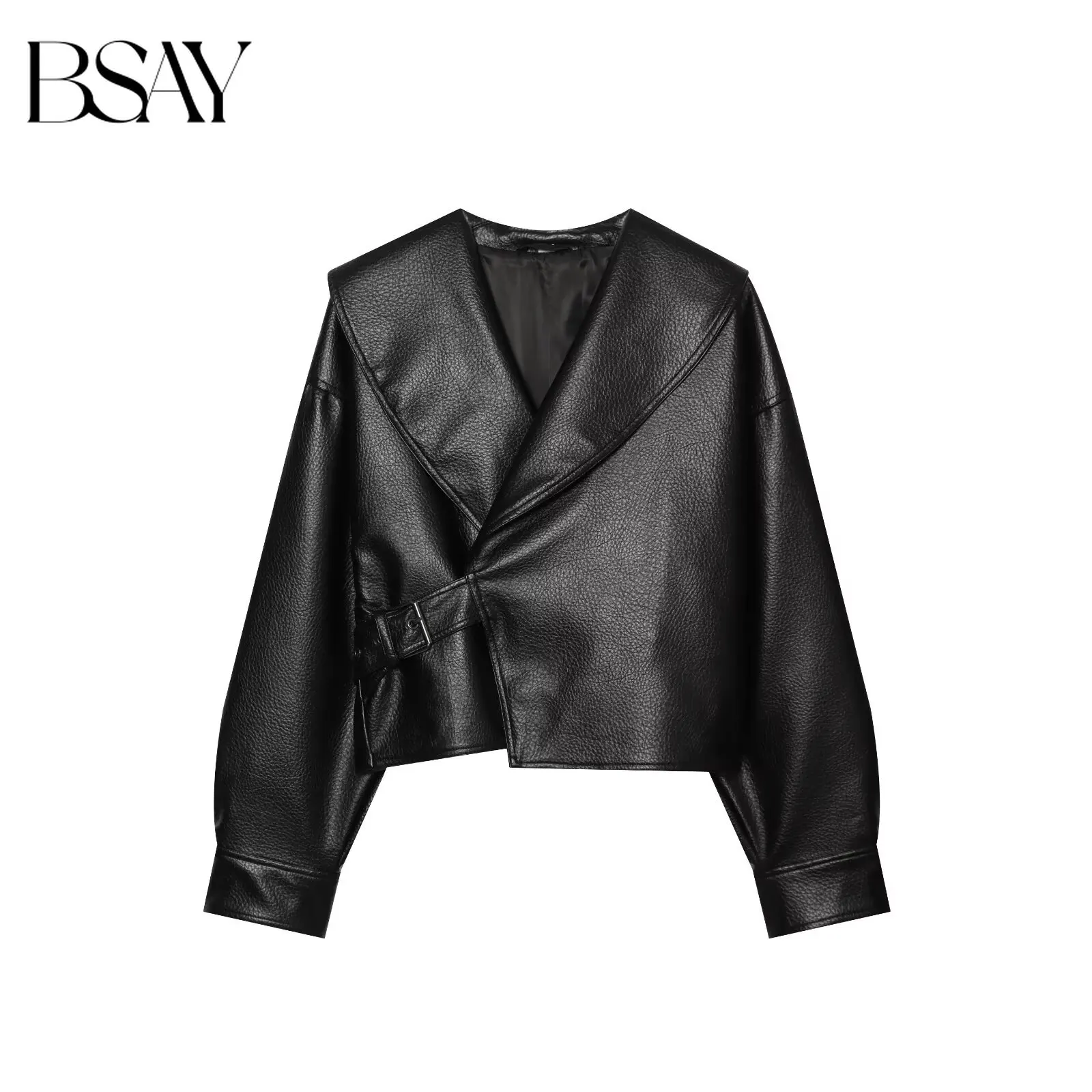 BSAY Women Streetwear Faux Leather Cropped Jacket Wide Lapel Wrap Front Side Buckle Strap Loose Long Sleeve Punk Moto Outerwear