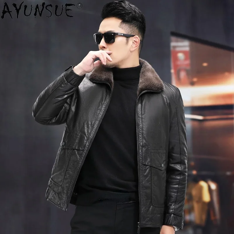 

AYUNSUE Cross Mink Fur Collar Men's Coats Mink Fur Liner Jackets 2021 Winter Black Genuine Leather Jacket Casaco Masculino Gm371