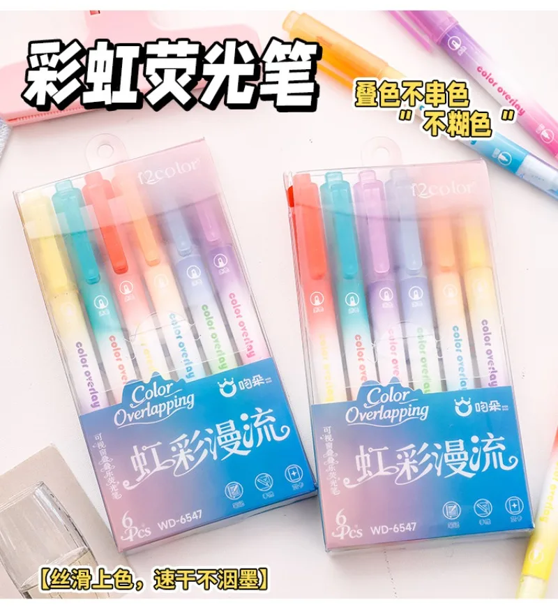 6pcs Visible Window Dual‑Tip Highlighter Pen Stackable Color Eye‑Friendly Marker Student Highlight Stationery