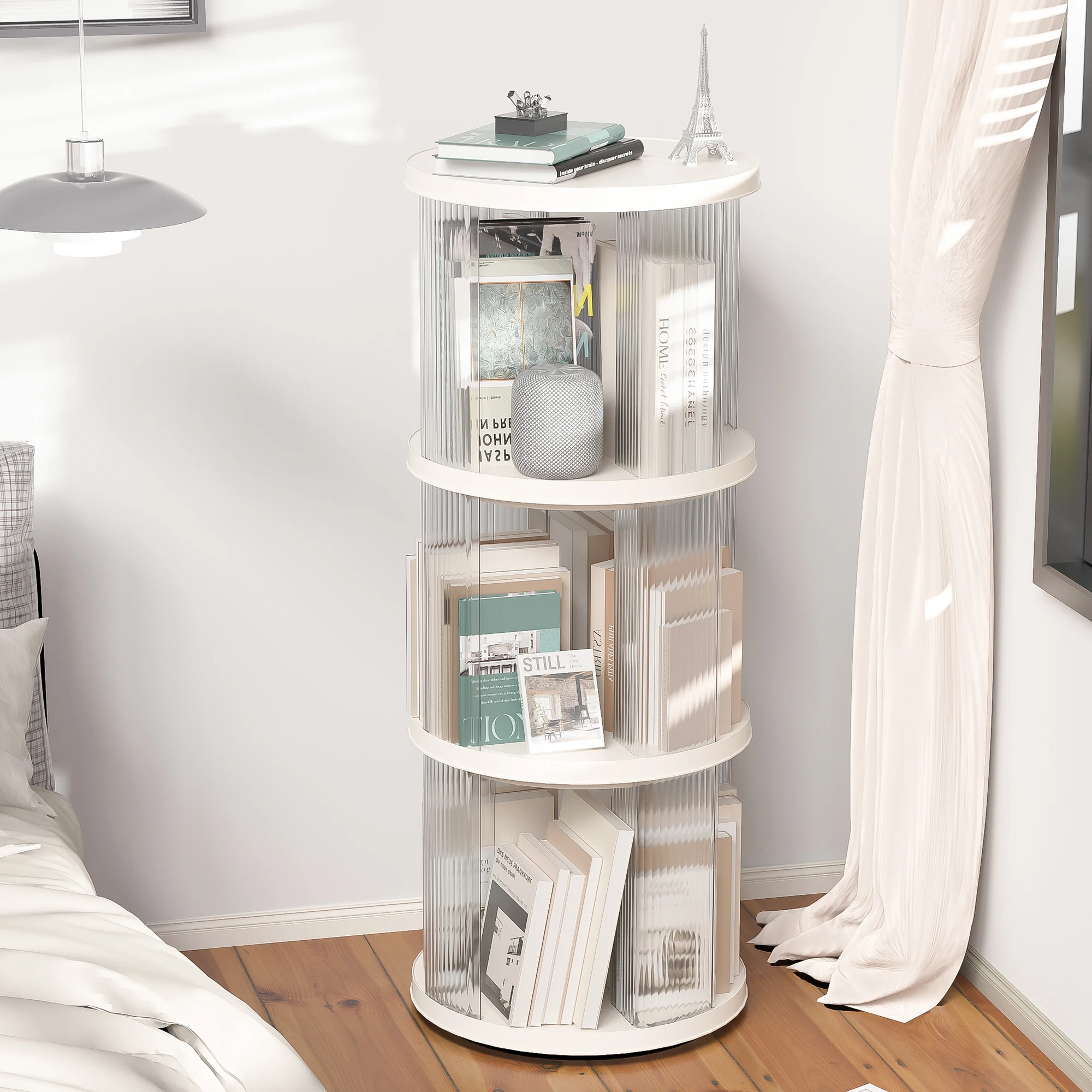 

360° Rotating Bookshelf, Small Corner Bookcase with Small Footprint, 3 Tier Floor Standing Bookcase