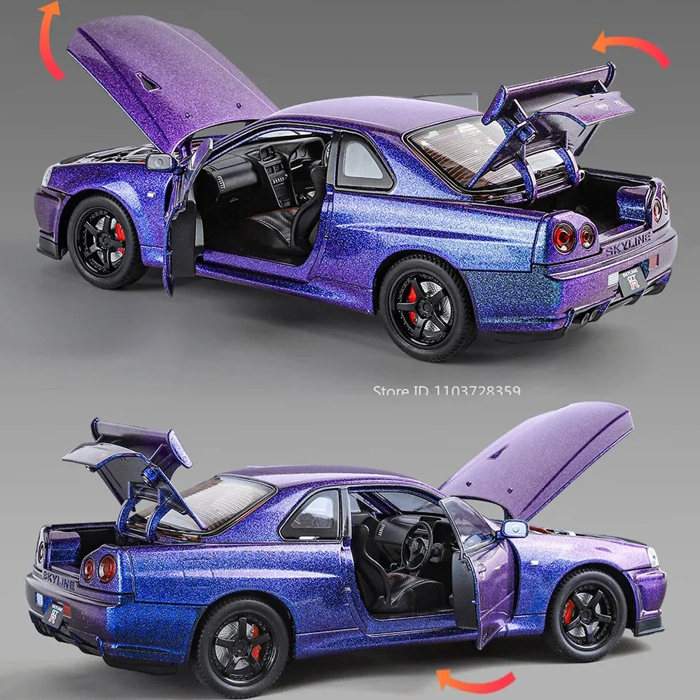 1:24 GTR-R34 modelos de brinquedo de carro esportivo liga diecast GT-R supercares som luz portas abertas puxar para trás para crianças brinquedos de entretenimento