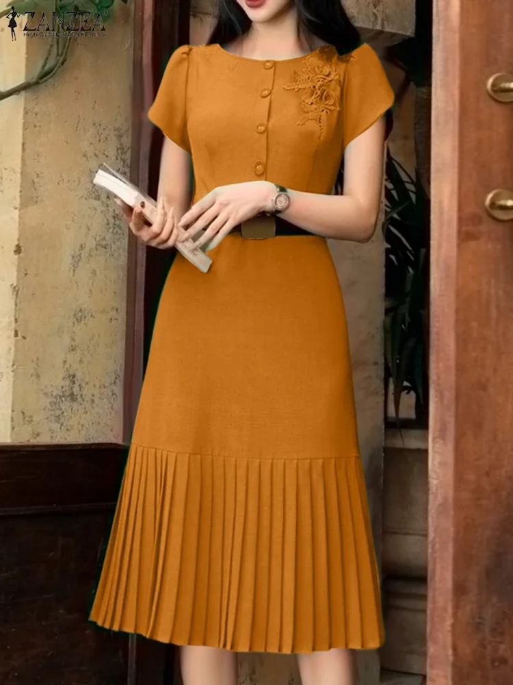 

ZANZEA 2025 Summer Dress Women Pleated Sundress Fashion Solid Color Short Sleeve Casual Loose Robe A-Line Party Vestidos S-3XL