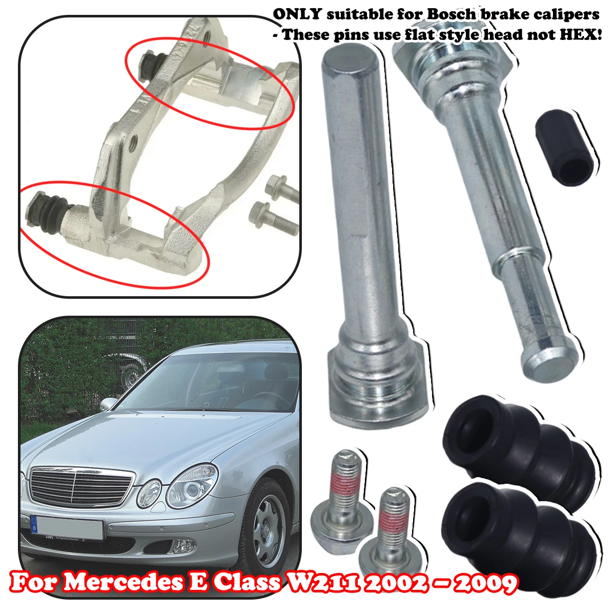 For Mercedes-Benz E Class W211 Front Brake Caliper Slider Guide Pins Bolt Kit Left Right Disc Housing Bellows Sleeve Bushing